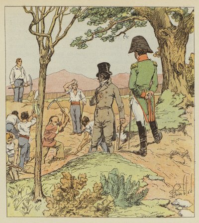 Napoleon undersöker befästningarna som guvernören uppför runt Longwood av after Louis Charles Bombled