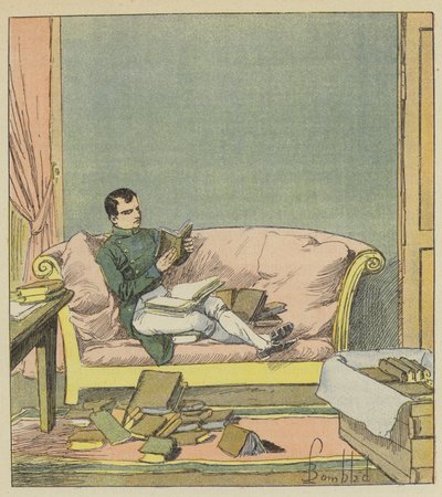 Napoleon går igenom böckerna som just har skickats till honom av after Louis Charles Bombled