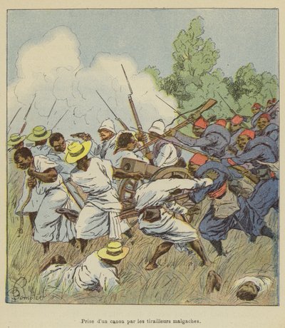 Fångst av en kanon av de madagaskiska skärmytsarna av after Louis Charles Bombled