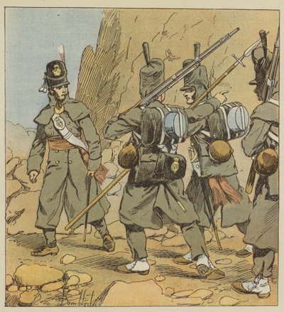 Engelska soldater från 1:a regementet av Foot Guard, i road dress, Spanien, 1814 av after Louis Charles Bombled