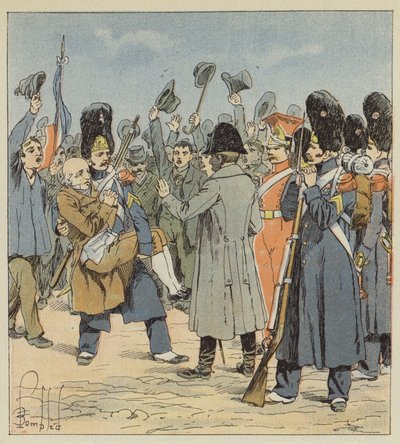 En grenadjär från ön Elba tar med sin far till Napoleon och bär honom i famnen av after Louis Charles Bombled