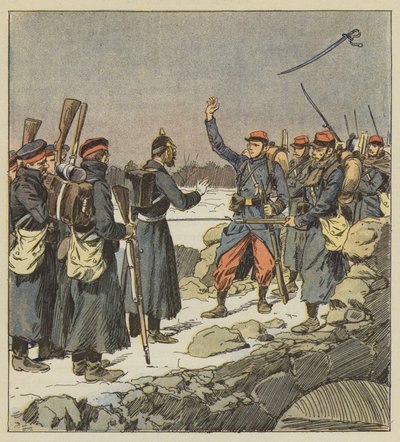 En tysk officer lämnar tillbaka sitt svärd till en fransk korpral som kastar det mot vinden av after Louis Charles Bombled