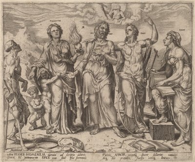 Man assisterad av tro, hopp och kärlek av after Maerten van Heemskerck