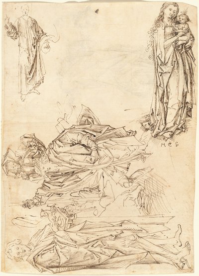 Sankt Christopher, Sankt Johannes Döparen, Jungfrun och barnet och Kristus välsignelse (recto) av after Martin Schongauer Master of the Drapery Studies
