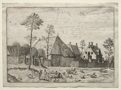 Utsikt över byar i Brabant och Campine: Herdar med flock av after Master of the Small Landscapes
