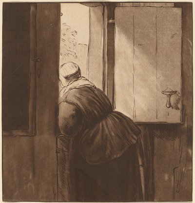 Kvinna som lutar sig över en nedre dörr av after Nicolaes Maes Cornelis Ploos van Amstel