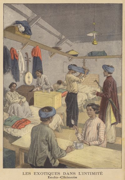 Människor från Franska Indokina i sina logi vid Exposition Universelle 1900 i Paris av after Oswaldo Tofani
