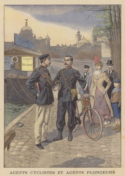Poliscyklist och flodpolis, Paris av after Oswaldo Tofani
