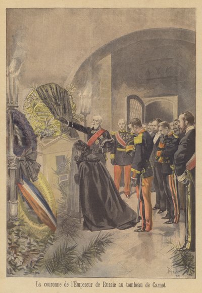 Krans från tsar Nicholas II av Ryssland placerad på graven av president Carnot av Frankrike av after Oswaldo Tofani