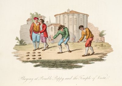 Spelar på Bumble Puppy och Temple of Vest, från Italian Scenery, som representerar seder, seder och nöjen i de olika staterna i Italien, pub. 1806 (handfärgad gravyr) av after P. van Lerberghi