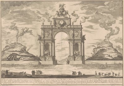 Prima Macchina för Kina 1756: En triumfbåge mellan Etna och Vesuvius av after Paolo Posi Giuseppe Pozzi