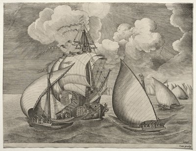 Segelfartyg: En flotta av galärer eskorterad av en karavell av after Pieter Bruegel