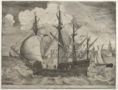 Segelfartyg: Beväpnad fyrbefälhavare på väg till havs av after Pieter Bruegel