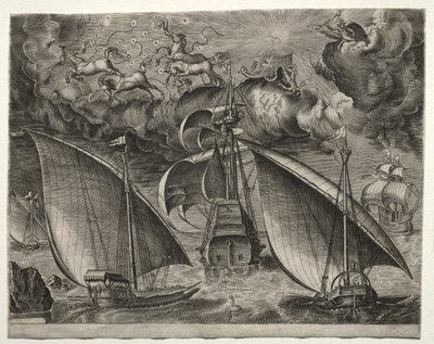 Segelfartyg: Två galärer som seglar bakom en beväpnad tremästare med Phaeton och Jupiter i himlen av after Pieter Bruegel