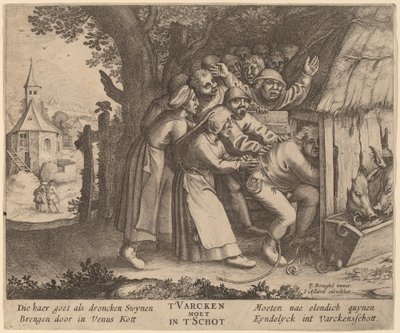 Drunkarden knuffade in i grisstallen av after Pieter Bruegel the Elder