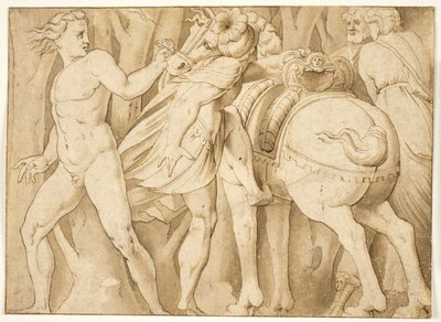Scen från romersk historia? En man som klättrar på en häst som hålls av en naken man av after Polidoro da Caravaggio