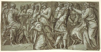 Familjen Darius före Alexander och en scen med fångar; från fasaden på Palazzo Milesi av after Polidoro da Caravaggio