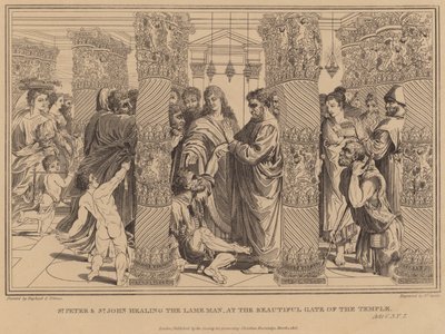 St Peter och St John som helar den lame mannen, vid den vackra porten till templet, Apg av after Raphael