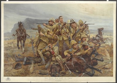 Allt som fanns kvar av dem, 17th Lancers nära Modderfontein, 17 september 1901 (colour chromolitho) av after Richard Caton II Woodville