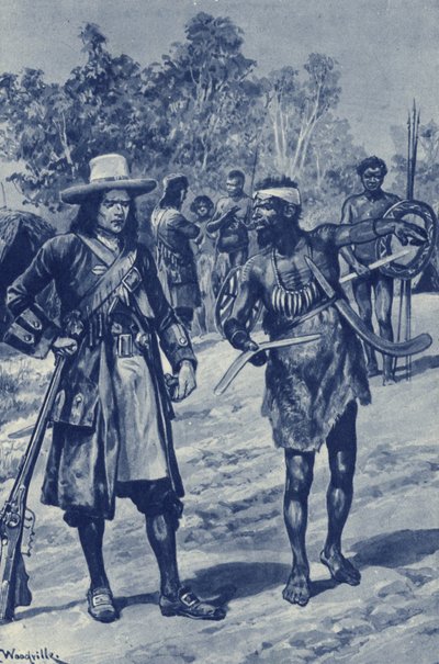 Kapten William Dampier, som utforskar Australiens västkust, ser en bumerang för första gången av after Richard Caton II Woodville