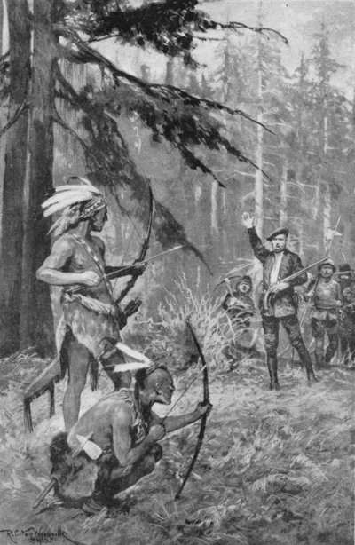 Jacques Cartier stöter på infödda i en skog nära St Lawrencefloden av after Richard Caton II Woodville