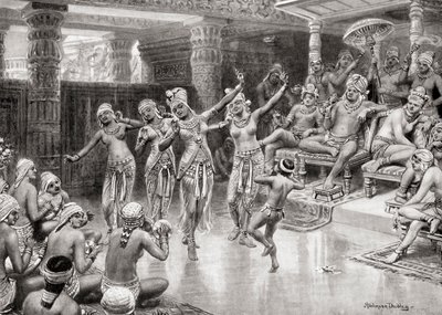 Ett 1800-talskonstnärsintryck av Gautamiputra Satakarani som firar sin seger över Nahapana, från Hutchinsons History of the Nations, pub.1915 av after Robert Dudley