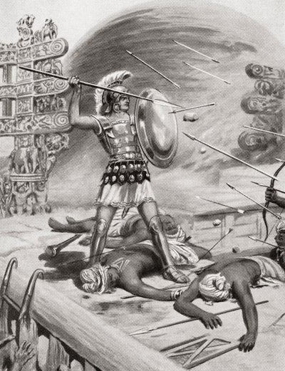 Alexander den store slåss mot Assacani i den befästa staden Massaga, Indien under sin indiska kampanj 326 f.Kr., från Hutchinsons History of the Nations, pub.1915 av after Robert Dudley