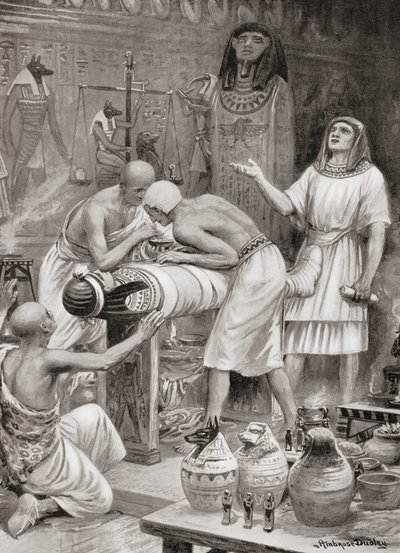 Balsamerar en kropp i det antika Egypten, från Hutchinsons History of the Nations, pub.1915 av after Robert Dudley
