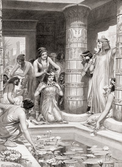 Gäster som anlände till middag i det antika Egypten fick vatten för att tvätta sina fötter och händer, smorda med doftande olja och krönta med girlander av blommor, från Hutchinsons History of the Nations, pub av after Robert Dudley