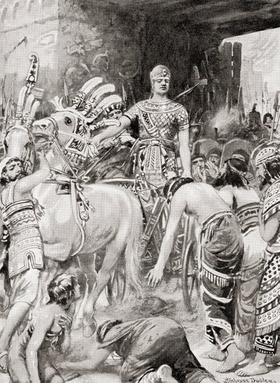 Psamtik I av Egypten kommer in i staden Azotus eller Ashdod, från Hutchinsons Nationernas historia, pub.1915 av after Robert Dudley