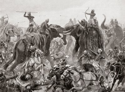 Pulakeshin Chalukhyas nederlag av Narasimhavarman I vid Badami 642 AD, från Hutchinsons History of the Nations, pub.1915 av after Robert Dudley