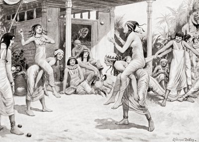 Unga flickor som spelar boll i form av en dans i det antika Egypten, från Hutchinsons History of the Nations, pub.1915 av after Robert Dudley
