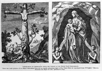 Introduktion av kristendomen bland indianerna i flodplattebosättningarna, reproducerat från dOvadlies Historia Relatione del Regno de Cile, pub. år 1646, från The Romance of the River Plate, Vol. jag av Spanish School