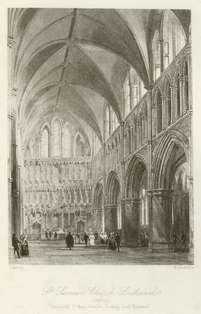 St Saviours Church, Southwark, 1850, forntida St Mary Overyes, med utsikt mot sydost av after Thomas Allom
