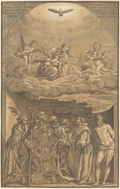 Jungfrun och barnet i molnen med sex heliga av after Titian John Baptist Jackson