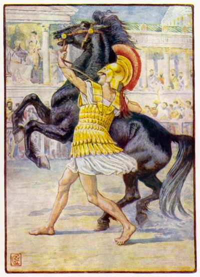 Han sprang mot hästen och tog tag i tränset av after Walter Crane