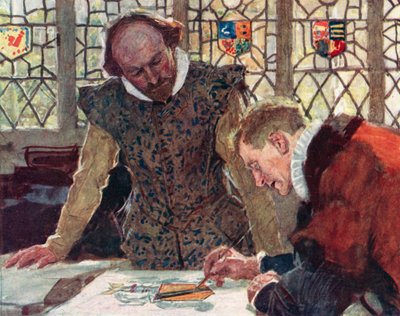 Shakespeare vid Heralds College på Pauls Wharf Hill för att diskutera sin fars vapensköld av after William Hatherell