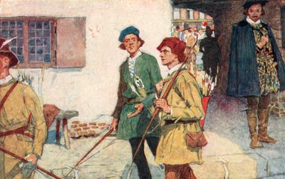 Shakespeare ser ett sällskap av lärlingar med sina pilar och bågar gå till bågskytteområdet i Moorfields, London av after William Hatherell