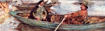Shakespeare med en vattenman som roddes nerför Themsen, London av after William Hatherell
