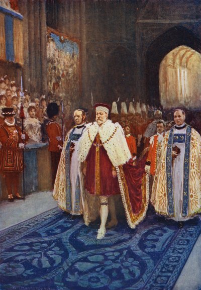 Kung Edward VII går in i Westminster Abbey på sin kröning av after William Henry Margetson