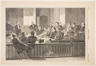 Jurymedlemmar lyssnar på ombud, Högsta domstolen, New City Hall, New York av Winslow Homer