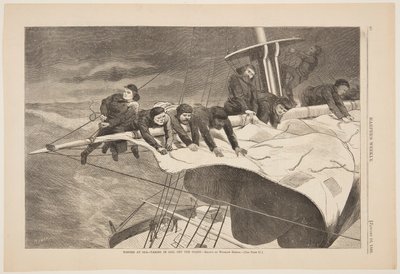 Vinter till sjöss – Ta in segel utanför kusten av Winslow Homer