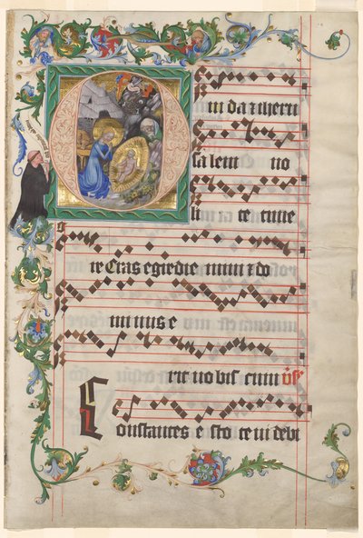Bifolio från en Antiphonary: Historikerad initial O med födseln av after a work attributed to Zhou Wenju