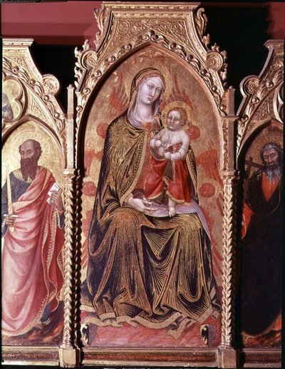 Altartavla av Gerard Cossassi degli Assi, detalj av centralpanelen föreställande Madonnan och barnet som tronade (olja på panel) av also Manfredi de Battilori Bartolo di Fredi