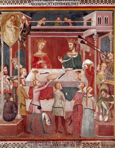 Hur demonen bad Gud att pröva Job vid tiden för hans välmående fresk av Bartolo di Fredi (eller Manfredi De Battilori) (1330-1410) Collegiale de San Gimignano Italien av also Manfredi de Battilori Bartolo di Fredi