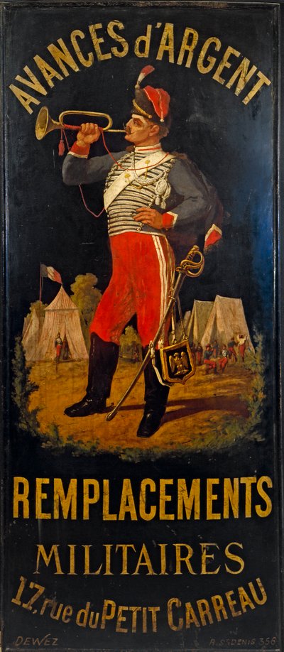 Franska: Au hussard. Skylt för militärt ersättningskontor. 17 rue des Petits- Carreaux, 11:e arrondissementet, Paris av anonymous 
