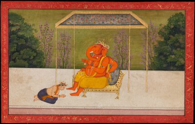 "Indra vördar den elefanthövdade guden Ganesha, sittande på en tron." Folio från Tehri Garhwal-serien av Gita Govinda av anonymous 