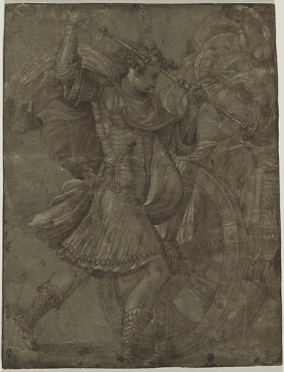 Man i rustning bredvid en vagn av assistant of Francesco Salviati