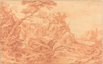 Ett stenigt landskap med ett stentorn och ett vattenfall av attributed to Adriaen Frans Boudewyns
