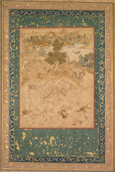 Akbar övervakar fångsten av vilda elefanter vid Malwa 1564, målar 90 från en Akbar-nama (bok om Akbar) av Abu